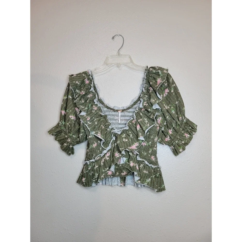 Free People Favorite Girl Top Floral Ruffle Smocked Puff Sleeve Boho Army Combo